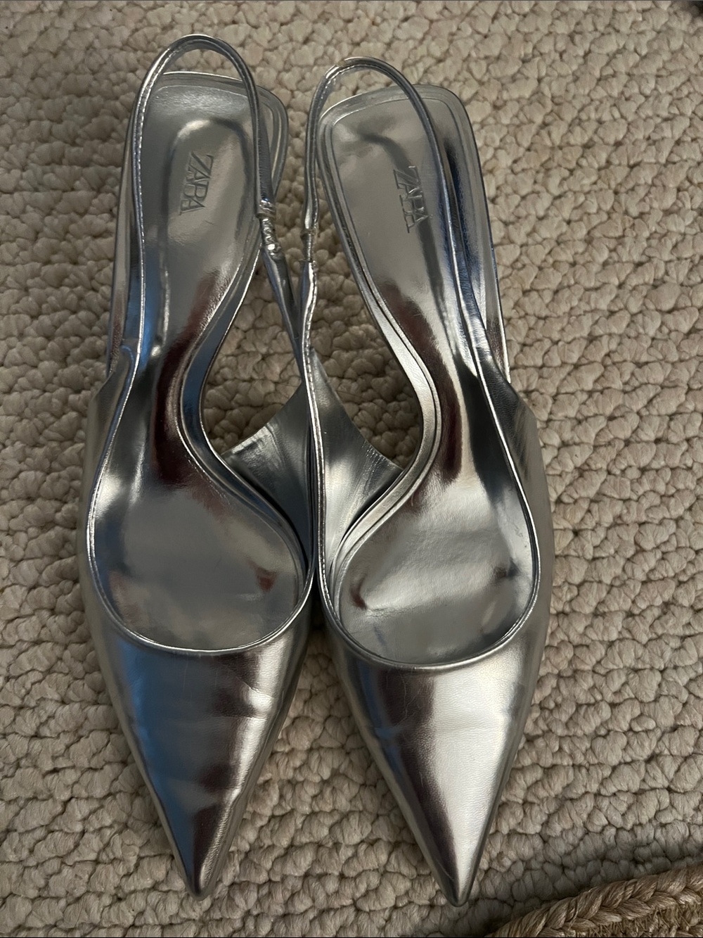 Zara Metallic Silver Pointed Slingback Heels Size 40